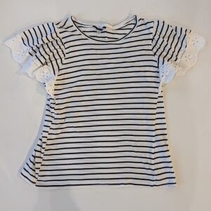 Tahari NWT Eyelet Flutter Sleeve In White/Idigo Striped Short Sleeve Top XS